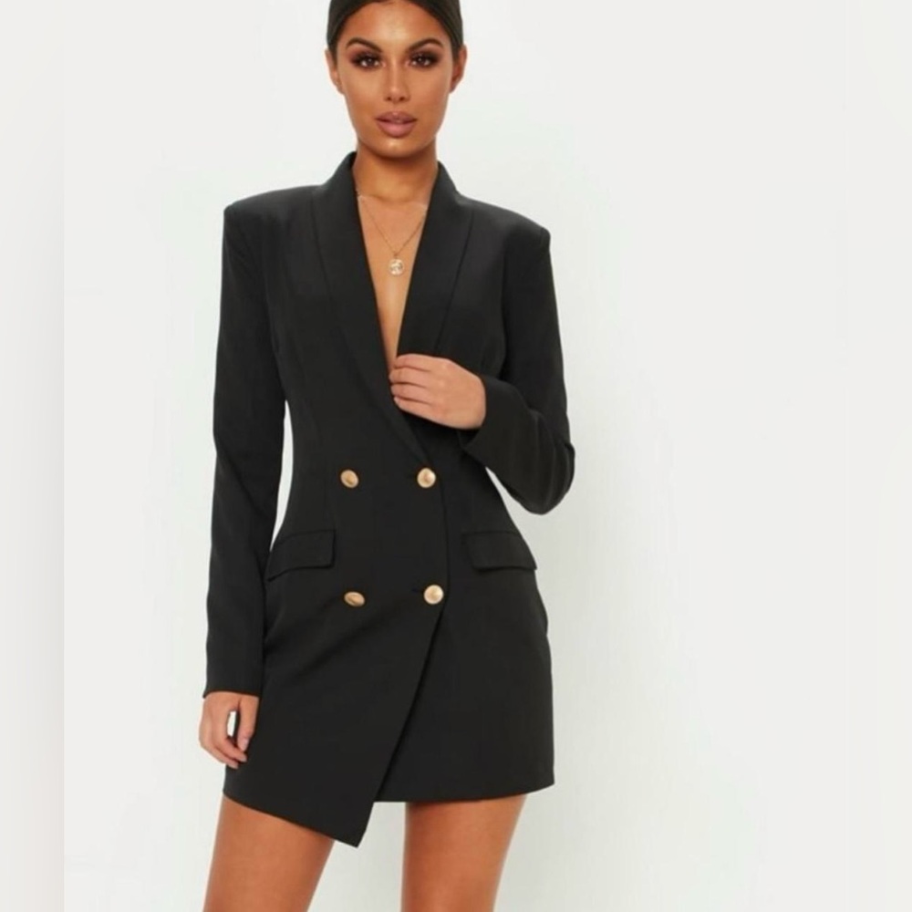 PrettyLittleThing Black Gold Button Blazer Mini Dress Jacket NWT, Women’s size 2